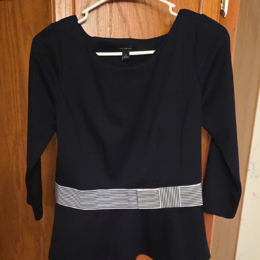 Ann Taylor Black Blouse with White Striped Detail